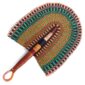 Full view of the green and orange woven Bolga fan on a white background