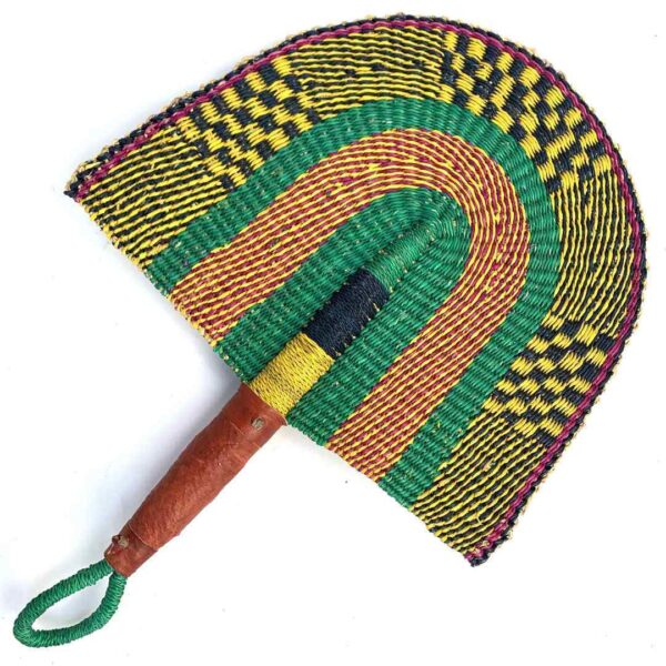 bashiri-fan-s1-283-swifty-african-hand-fan-leather-3 Full view of the purple and green woven Bolga fan on a white background