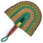 Full view of the purple and green woven Bolga fan on a white background