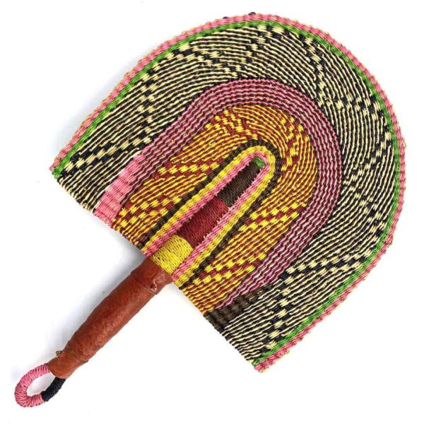 bashiri-fan-s1-284-wave-woven-fan-handmade-3 Full view of the pink and orange woven Bolga fan on a white background