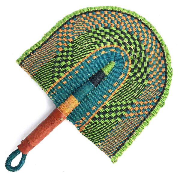 bashiri-fan-s1-285-ohmy-bolga-fan-elephant-grass-3 Full view of the lime and teal woven Bolga fan on a white background