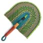 Full view of the lime and teal woven Bolga fan on a white background