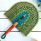 Woven Bolga hand fan in lime and teal with a leather-wrapped handle