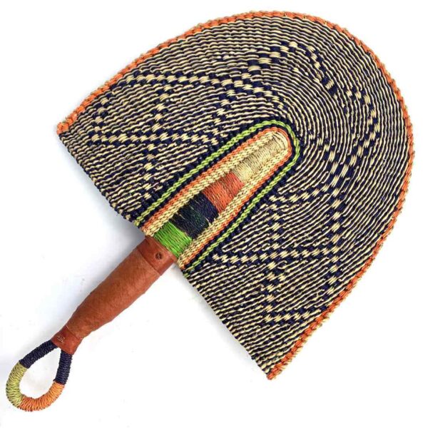 bashiri-fan-s1-286-missing-bolga-hand-fan-woven-3 Full view of the black and orange woven Bolga fan on a white background