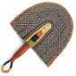 Full view of the black and orange woven Bolga fan on a white background