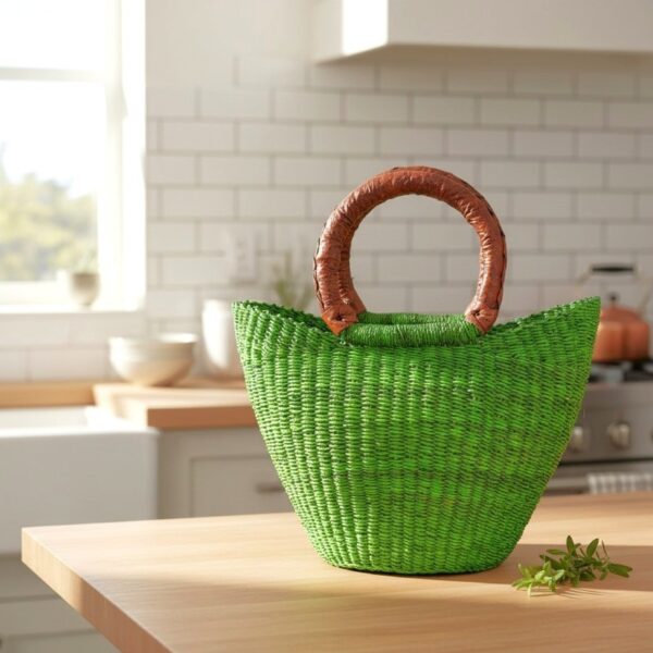 bashiri-green-african-bolga-mini-market-basket-kitchen African bolga mini market basket in green on a kitchen bench