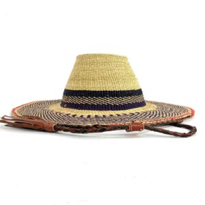 bashiri-hat-wide-367-hugo-bolga-hat-wide-brim-2 Side profile of the navy and natural wide brim Bolga hat on a white background
