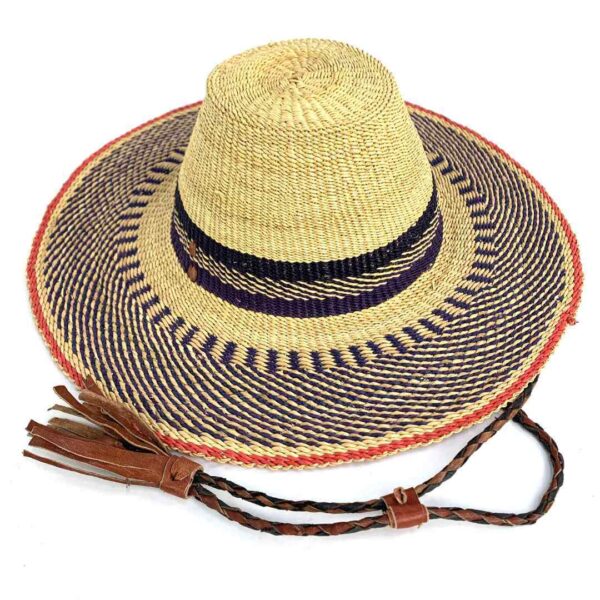 bashiri-hat-wide-367-hugo-bolga-hat-wide-brim-3 Full view of the navy and natural wide brim Bolga hat on a white background