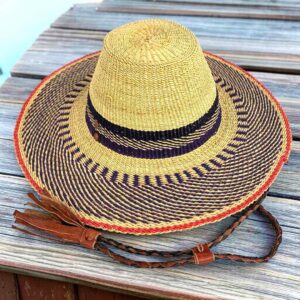 Wide brim Bolga hat with a natural crown and navy and natural band