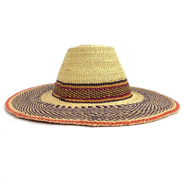 bashiri-hat-wide-368-oompa-african-straw-hat-woven-2 Side profile of the orange and brown wide brim Bolga hat on a white background
