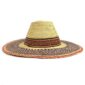 Side profile of the orange and brown wide brim Bolga hat on a white background