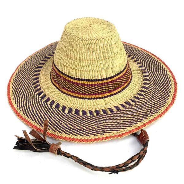 bashiri-hat-wide-368-oompa-african-straw-hat-woven-3 Full view of the orange and brown wide brim Bolga hat on a white background