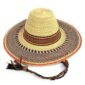 Full view of the orange and brown wide brim Bolga hat on a white background