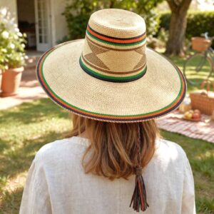 Woven straw hat with multicolour bands and leather tassel, worn from the back in a sunlit garden with a soft picnic scene in the background
