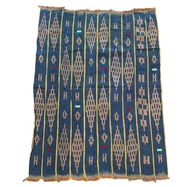 bashiri-indigo-cotton-231-kintampo-handwoven-african-textile-2 Full view of the indigo cotton cloth with chains of warm-toned diamonds on a white background