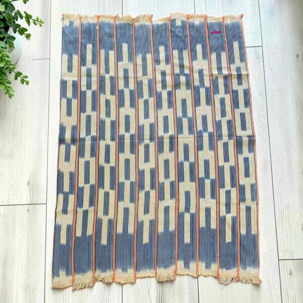 Pale cotton cloth with stepped indigo bars and blocks, laid flat on a timber floor beside a plant