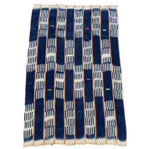 bashiri-indigo-cotton-234-bawku-african-cotton-fabric-woven-2 Full view of the deep indigo cotton cloth with pale striped bands on a white background