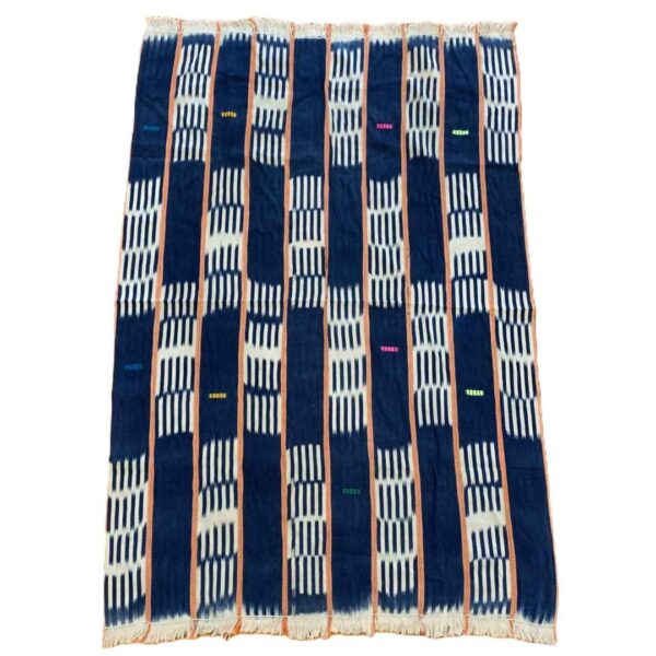bashiri-indigo-cotton-234-bawku-african-cotton-fabric-woven-2 Full view of the deep indigo cotton cloth with pale striped bands on a white background