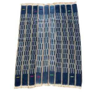 bashiri-indigo-cotton-237-mole-african-textile-handwoven-2 Full view of the deep blue cotton cloth with columns of pale dashes on a white background