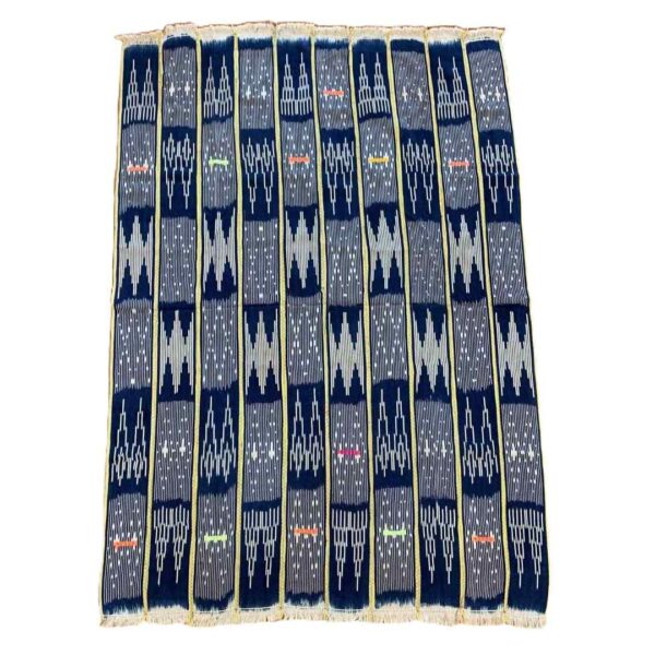 bashiri-indigo-cotton-238-volta-african-cotton-fabric-woven-2 Full view of the dark indigo cotton cloth with pale arrow and zigzag motifs on a white background