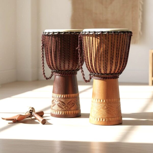 bashiri-indonesian-djembe-60-plus-mahogany. Two Indonesian djembes in dark and light mahogany finishes, hand carved with geometric patterns, natural goat skin heads and rope tuning