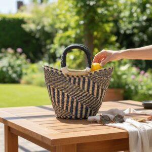 Mini Bolga market basket with blue patterned weave as a hand places a lemon inside