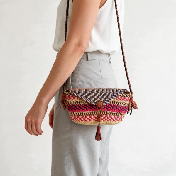 Woven mini Bolga shoulder bag in purple and pink elephant grass, worn on the shoulder with a plaited leather strap