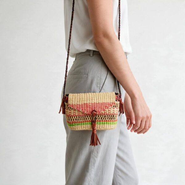 Woven mini Bolga shoulder bag in coral and green elephant grass, worn on the shoulder with a plaited leather strap