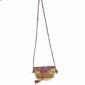 Full view of the purple, pink, and green mini Bolga shoulder bag with its plaited strap and leather tassels