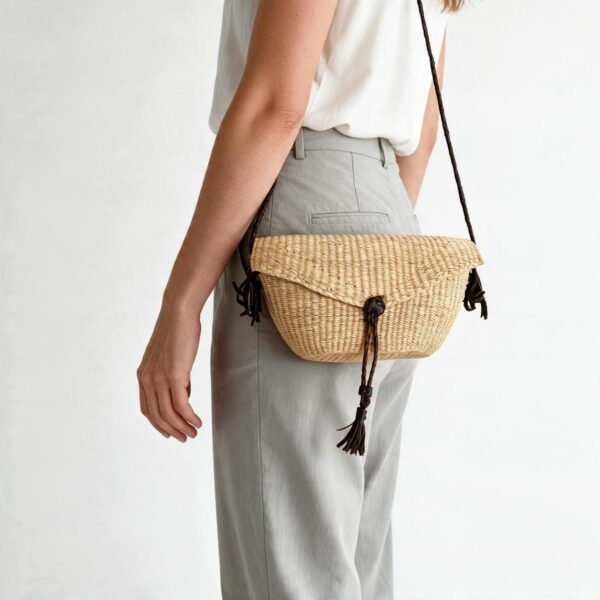 Woven mini Bolga shoulder bag in natural undyed elephant grass, worn on the shoulder with a plaited leather strap