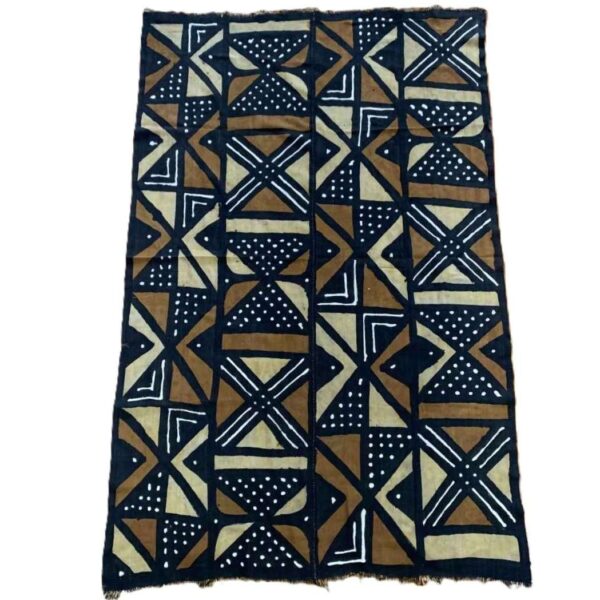 bashiri-mudcloth-medium-161-bustard-african-textile-bogolan-2 Full view of the medium dark mudcloth with large warm-toned triangles and bow-tie shapes on a white background