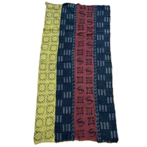 bashiri-mudcloth-medium-163-dama-bogolan-african-textile-2 Full view of the medium patchwork mudcloth with chevron, dot and flower motifs on a white background