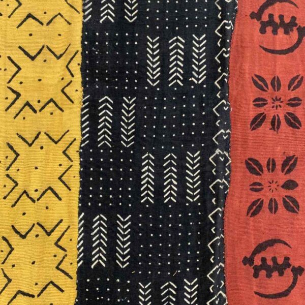 bashiri-mudcloth-medium-163-dama-bogolan-african-textile-3 Close-up of the patchwork mudcloth with chevron, dot and flower motifs