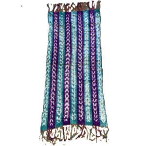 bashiri-mudcloth-small-147-dromedary-african-mud-cloth-fabric-2 Full view of the small mudcloth with alternating jewel-toned strips and pale chevrons on a white background