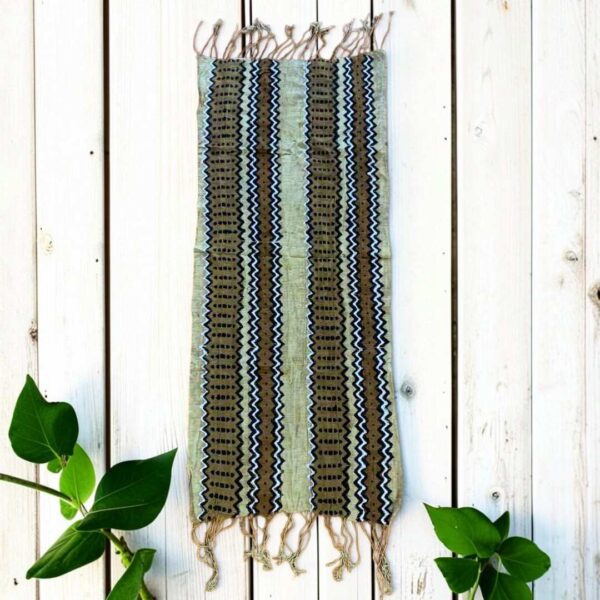 bashiri-mudcloth-small-149-scorpion-bogolan-african-fabric-main Small warm earthy mudcloth with bands of dark zigzags, laid on a timber surface with green leaves
