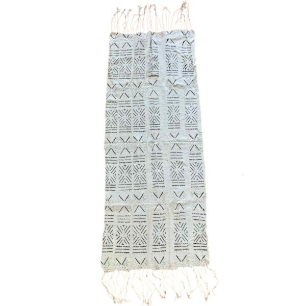 bashiri-mudcloth-small-152-firefinch-bogolan-african-textile-2 Full view of the small light mudcloth with a grid of dark stars and chevrons on a white background