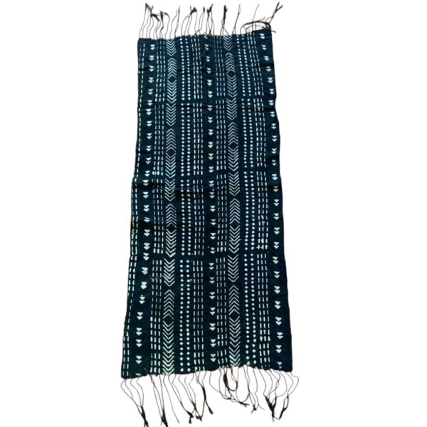 bashiri-mudcloth-small-166-harvest-african-textile-bogolan-2 Full view of the small dark mudcloth with columns of pale chevrons and triangles on a white background