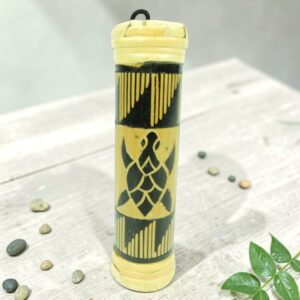 Bamboo rainstick 20cm with hand-painted black and natural turtle motif on white background.
