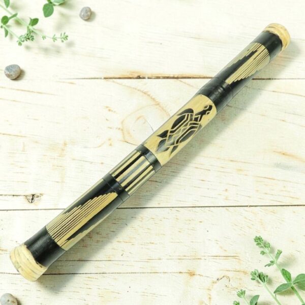 bashiri-rainstick-60cm-turtle-motif Bamboo rainstick 60cm with hand-painted black and natural turtle motif on white background