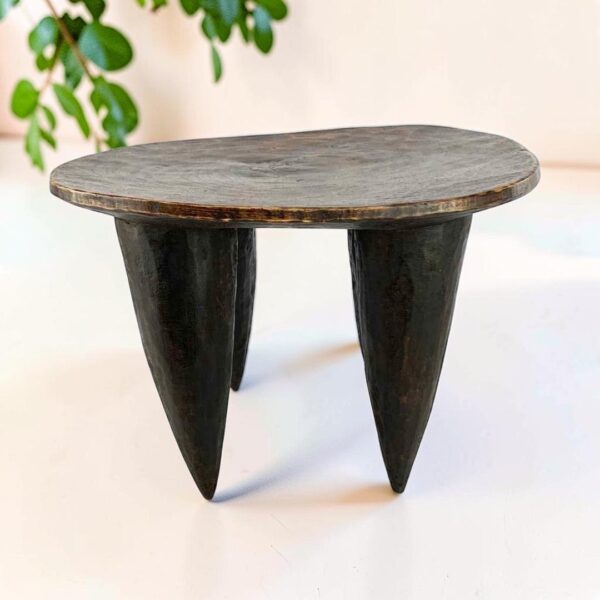 Dark hardwood Senufo stool with an oval seat and four tapered legs, styled beside a plant