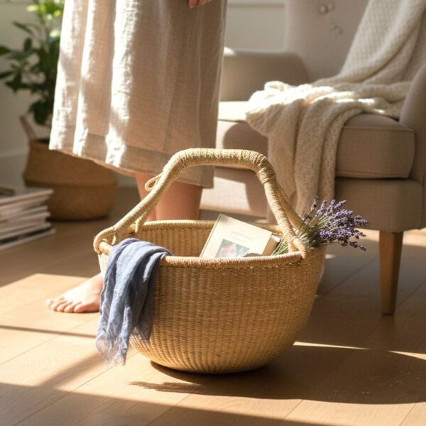 bashiri-vegan-large-round-basket-natural-lifestyle. Handwoven vegan large round basket in natural elephant grass, styled indoors with books and fabric