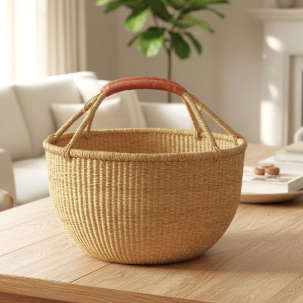 bashiri-xl-round-bolga-basket-natural XL round Bolga basket in natural elephant grass weave with leather handle, handwoven in Bolgatanga Ghana