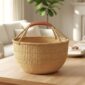 XL round Bolga basket in natural elephant grass weave with leather handle, handwoven in Bolgatanga Ghana