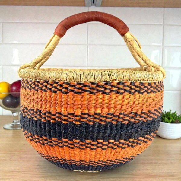 bashiri-xl-round-bolga-basket-orange-black XL round Bolga basket handwoven from elephant grass in orange and black pattern with leather handle, Bolgatanga Ghana