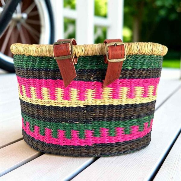 bicycle-basket-138-oribi-main Bolga bike basket in green, black, hot pink, and natural stepped bands, leather straps and buckles