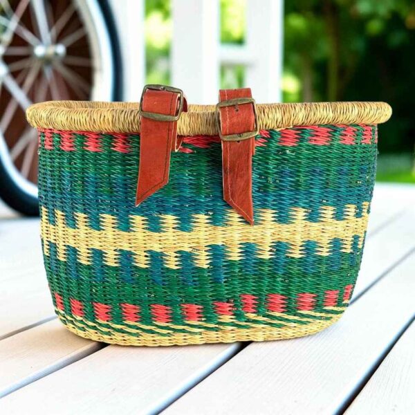 bicycle-basket-139-baobab-main Green Bolga bike basket with red zigzag trim and natural stepped band, leather straps and buckles