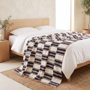 Handwoven Sahel cotton blanket, horizontal striped pattern with an open-weave dot band