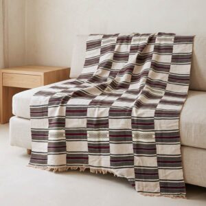 Handwoven Sahel cotton blanket, striped pattern of varying width with an open-weave band