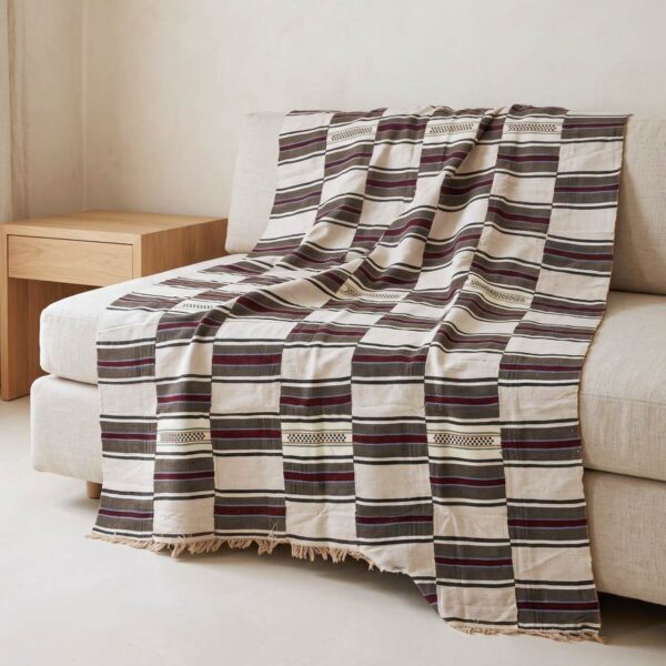 Handwoven Sahel cotton blanket, striped pattern of varying width with an open-weave band