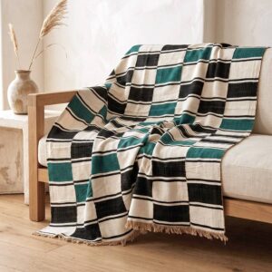 Handwoven Sahel cotton blanket, checkerboard block pattern with a fringed edge